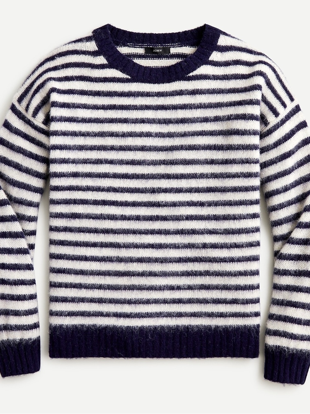 J CREW Elbow-Patch Crewneck Sweater in Blue and White Striped Lambswool XS